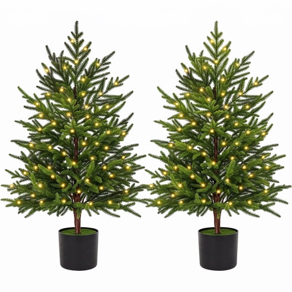 Leyaron 2 Pack Artificial Norfolk Pine Christmas Tree, 3 FT Fake Potted Tree Faux Plant with 50 LED for Front Door Indoor Outdoor Porch Room Office Holiday Home Xmas Decor