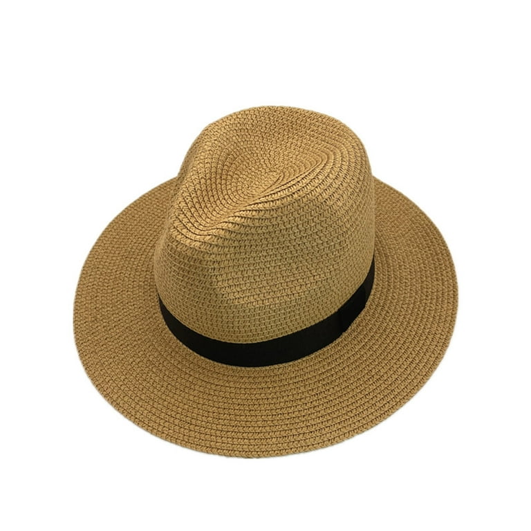 Penkiiy Women Sun Hat Summer Panama Straw Hat Fedora Beach Hat for Men Wide  Brim Protection Hats with Chin Strap Mens Boater Hat for Travel Khaki