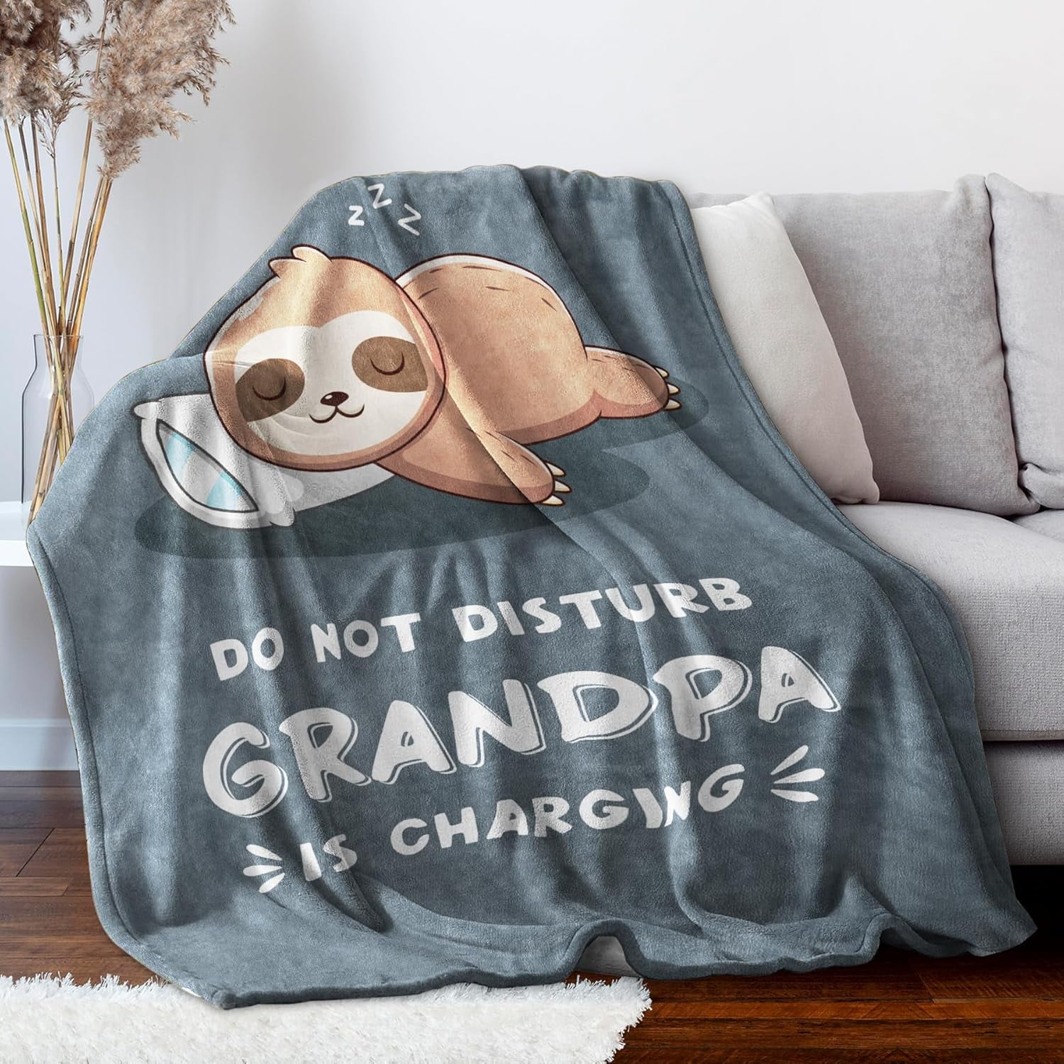 Funny Fathers Day Birthday Gifts for Grandpa, Grandpa is Charging Sloth Blanket, Gifts for Grandpas from Grandkids, Grandpas Present for Christmas, Super Soft Blanket for Grandfather