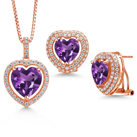 Gem Stone King 13.88 Ct Purple Amethyst 18K Rose Gold Plated Silver Pendant with Chain Earrings Set