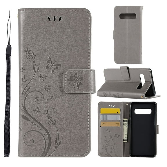 S10 Plus Case, Samsung Galaxy S10 Plus Case - Allytech Premium Wallet PU Leather with Fashion Embossed Flower Magnetic Clasp Card Holders Flip Cover with Hand Strap, Gray