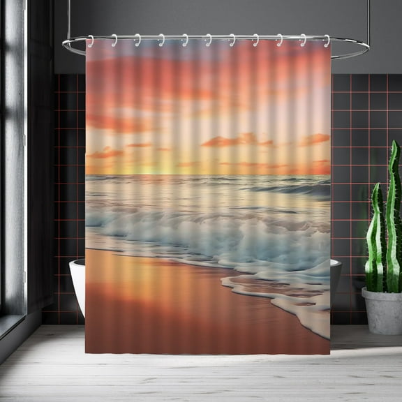 Beach Sunset Shower Curtain Hawaii Seashore Ocean Waves Sunrise Coastal Waterproof Bathroom Curtains with Hooks Tropical Summer Seaside Sunset Scenery Themed Bathroom Decor