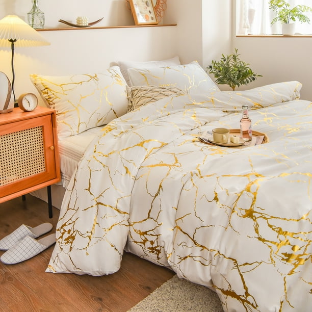 Move Over White Gold Marble Bedding Sets Twin Metallic Marble Pattern Gold Glitter Duvet Cover