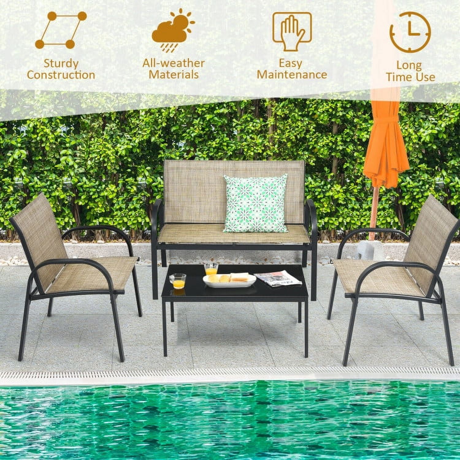 Aimee Lii 4 Pieces Patio Furniture Set, Aluminum Frame Cushioned Sofa, Small Patio Set, Brown Aimee Lii 4 Pieces Patio Furniture Set, Aluminum Frame Cushioned Sofa, Small Patio Set, Brown