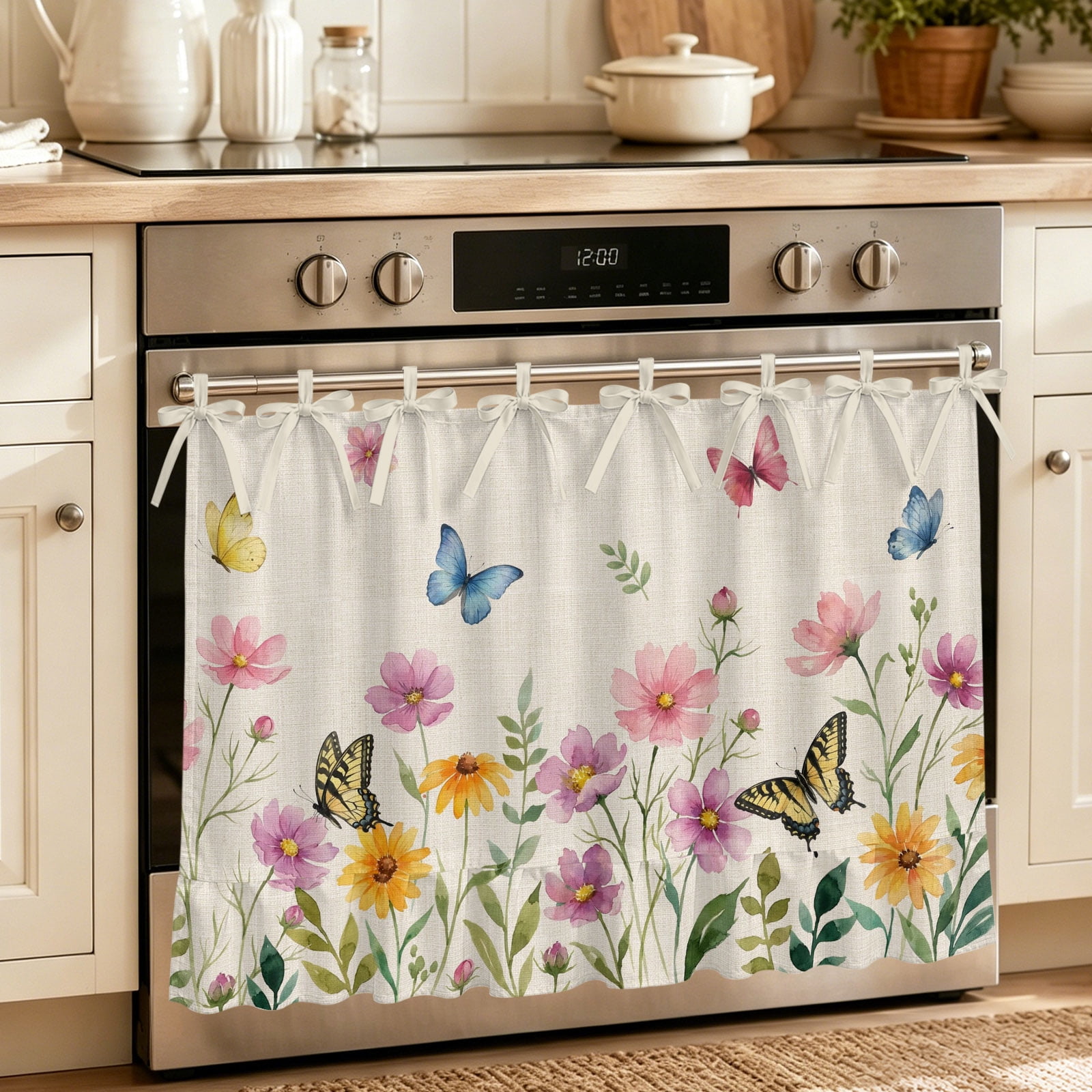 Pink Spring Floral Oven Skirt for Farmhouse Kitchen D&eacute;cor Butterfly Farmhouse Art Rustic Oven Curtain Tie Top Decorative Stove Skirt Cabinet Dish Washer Curtains with 8 Ribbon Ties 30 x21.5