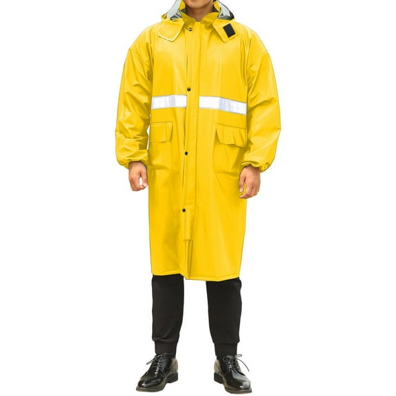 PiGOGI Men's Rainstorm Proof PVC Raincoat with Reflective Strip Long Sleeve Hiking Waterproof Jacket for Outdoor Activities Yellow XL