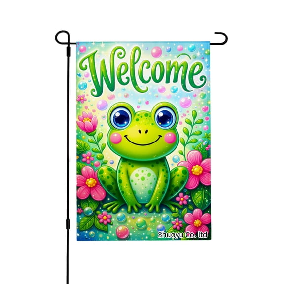 Jbralid Spring Garden Flag Welcome Frog Flowers Bubbles Garden Linen Summer Garden Flags for Outside 12x18 inch