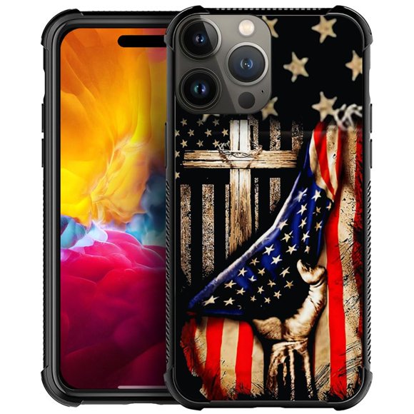 Daizag Compatible Con Iphone 15 Funda Protección Integral A Prueba De Golpes Anti-Arañazos Tpu Fundas Para Hombre Mujer-Madera Cruz Power Bandera Americana