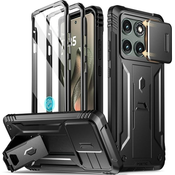 Poetic Revolution Case for Moto Edge 2025 [Not for 2024 Version], [Slide Camera Cover], Full-Body Military Grade Case with Kickstand and Built-in-Screen Protector, Black