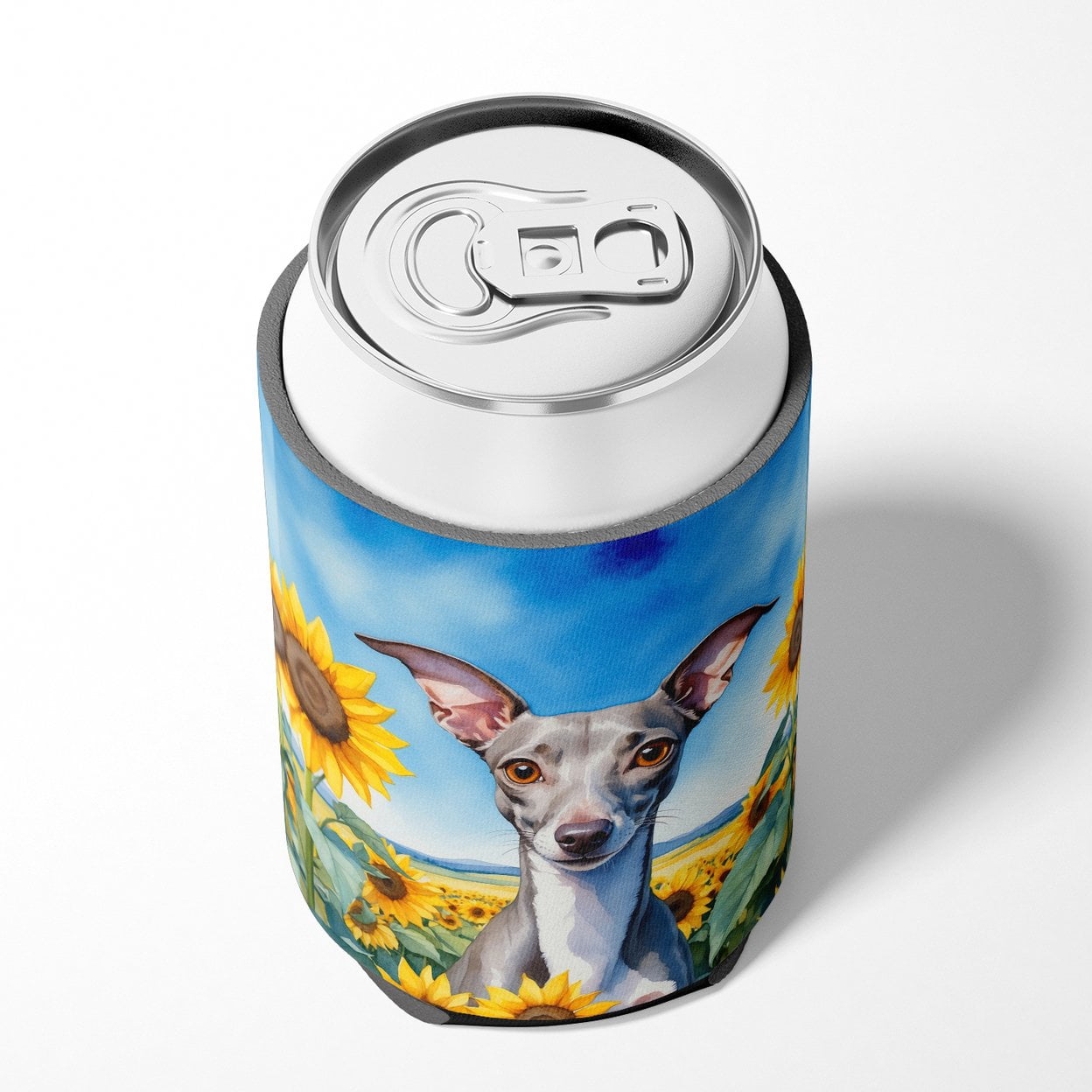 Italian Greyhound in Sunflowers Can or Bottle Hugger 3 in x 5 in