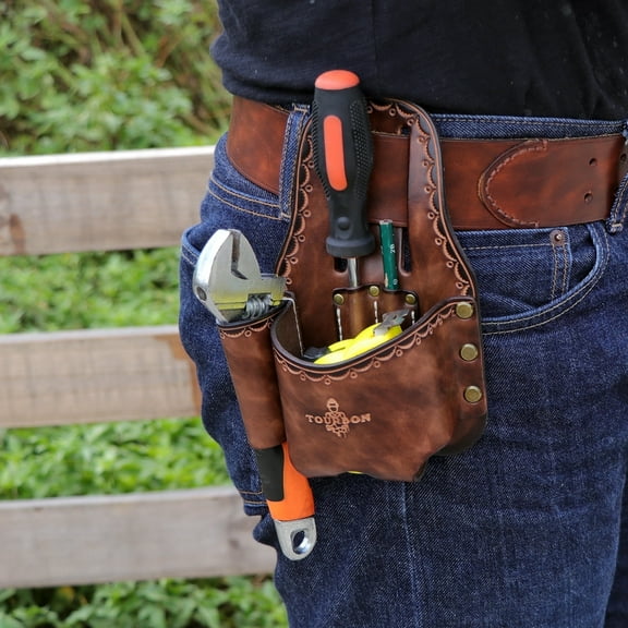 TOURBON Leather Tape Measure Pouch Wrench /Screwdriver /Pencil Holder Brown for Carpenters