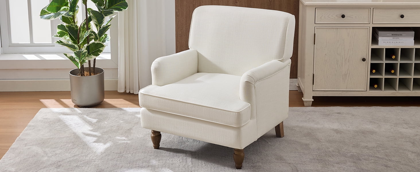 MAYEERTY Vintage Linen Upholstered Armchair - Antique Wood Legs, For Living Room/Bedroom, Cream