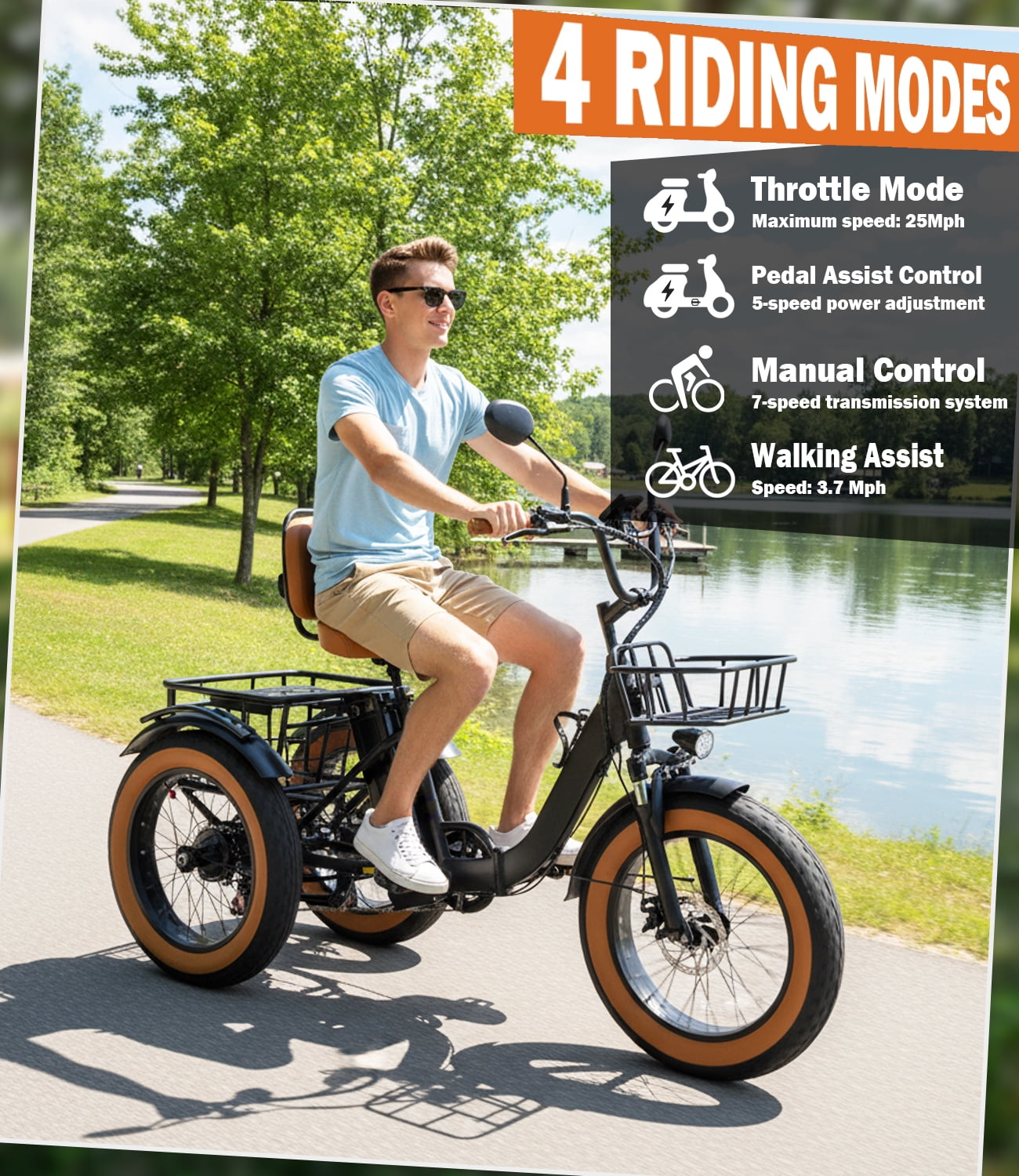 Electric Tricycle for Adult Folding Etrike Adult Electric 3 Wheels Bicycle Peak 1350W Motor Aluminum Frame 48V15.6AH Lithium Battery 20×4.0" Fat Tire & Rear Differential