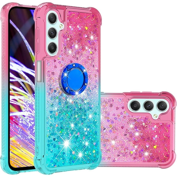Glitter Case for Samsung Galaxy A25 5G for Women Girls, Bling Sparkle Colorful Gradient Quicksand Soft TPU Liquid Cover Case with Ring Kickstand for Samsung Galaxy A25 5G JB-Pink Green