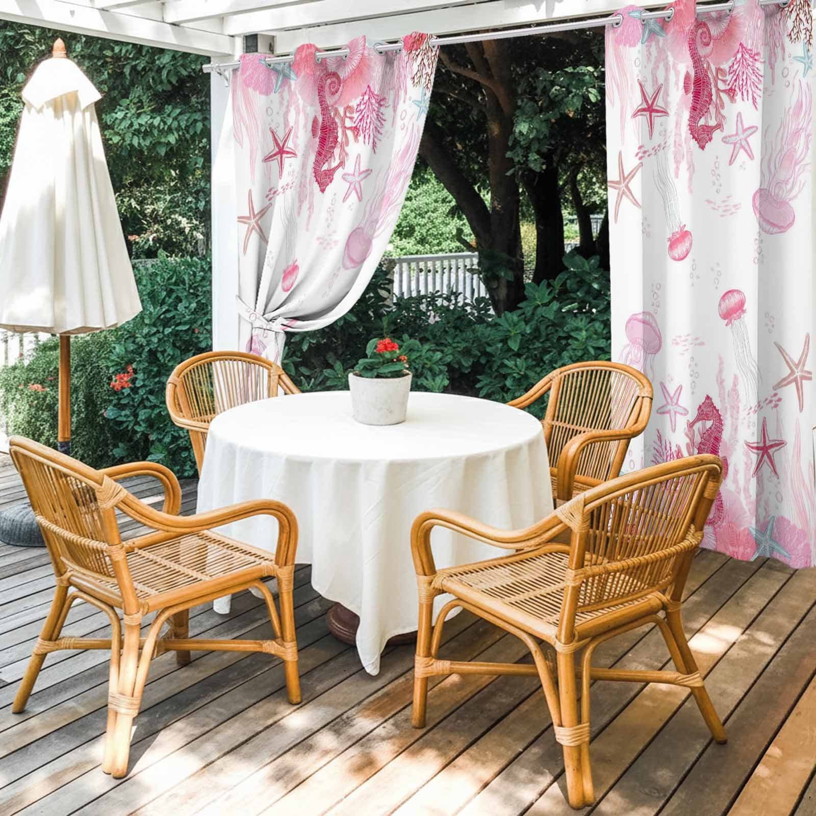 Pink Ocean Outdoor Curtains for Patio, Seahorses Jellyfish Starfish Watercolor Coastal Sunshade Privacy Drapes Grommet Waterproof Outside Curtains for Porch/Cabana/Balcony 54"x 108", 1 Panel