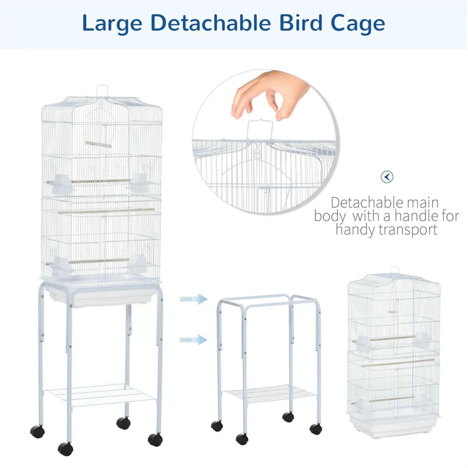 Kadyn 61" Height Metal Indoor Bird Cage Aviary Parakeet House with Detachable Rolling Stand for Parrots Conures Lovebird Cockatiel Parakeets, White