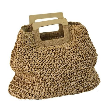 Fysho Women Handmade Straw Bag Wooden Handle Square Handbags Retro Summer Beach Totes