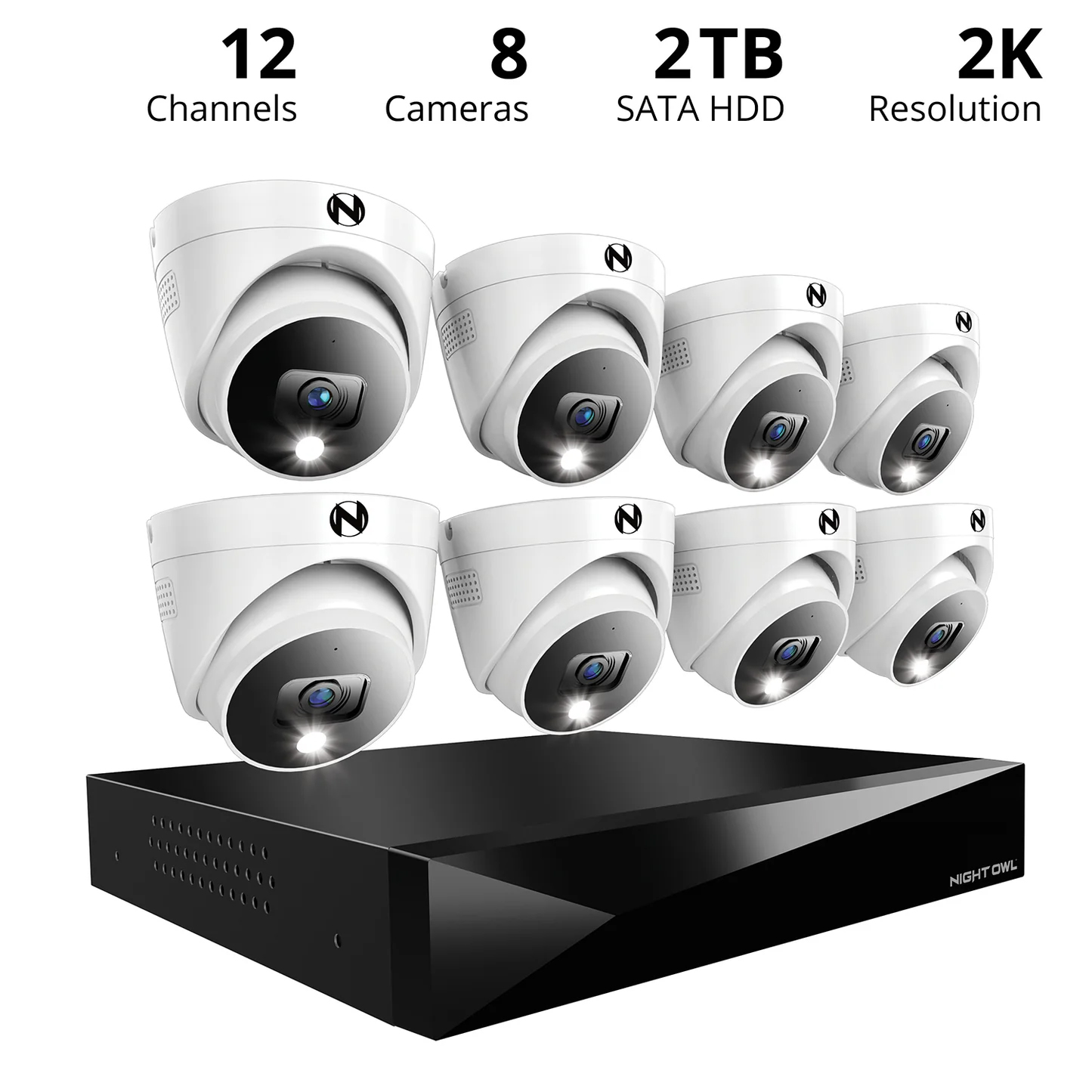 Night Owl 2-Way Audio 12 Channel DVR Security System with 2TB Hard Drive and 8 Wired 2K Deterrence Dome Cameras