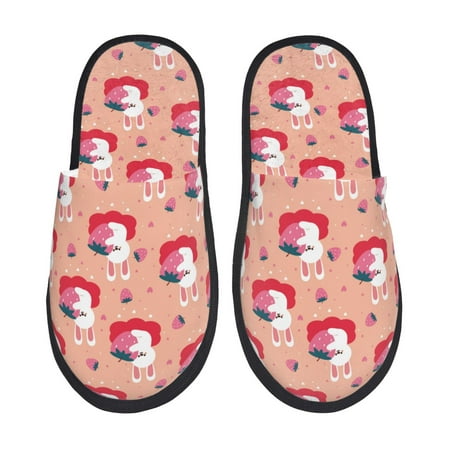Balery Bunny And Strawberry Slient Indoor Furry Fleece Comfort House Shoes Soft Non-Slip Home Shoes Cotton slippers House Slippers-- Large