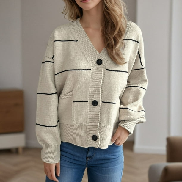 Suéter de cuello en V para mujer, moda de invierno, tejido a rayas, suelto, de manga larga, cárdigan con cuello en V, suéter para mujer
