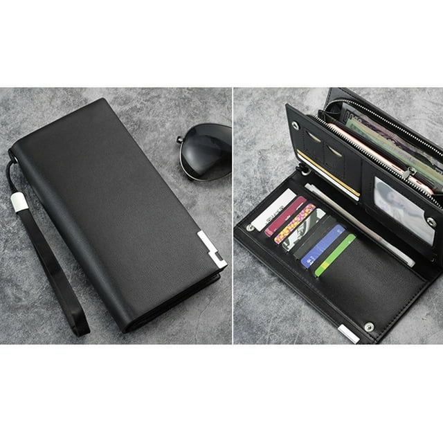 Minkissy Large Capacity Black PU Wallet for Men with Multiple Card Slots and Phone Pocket