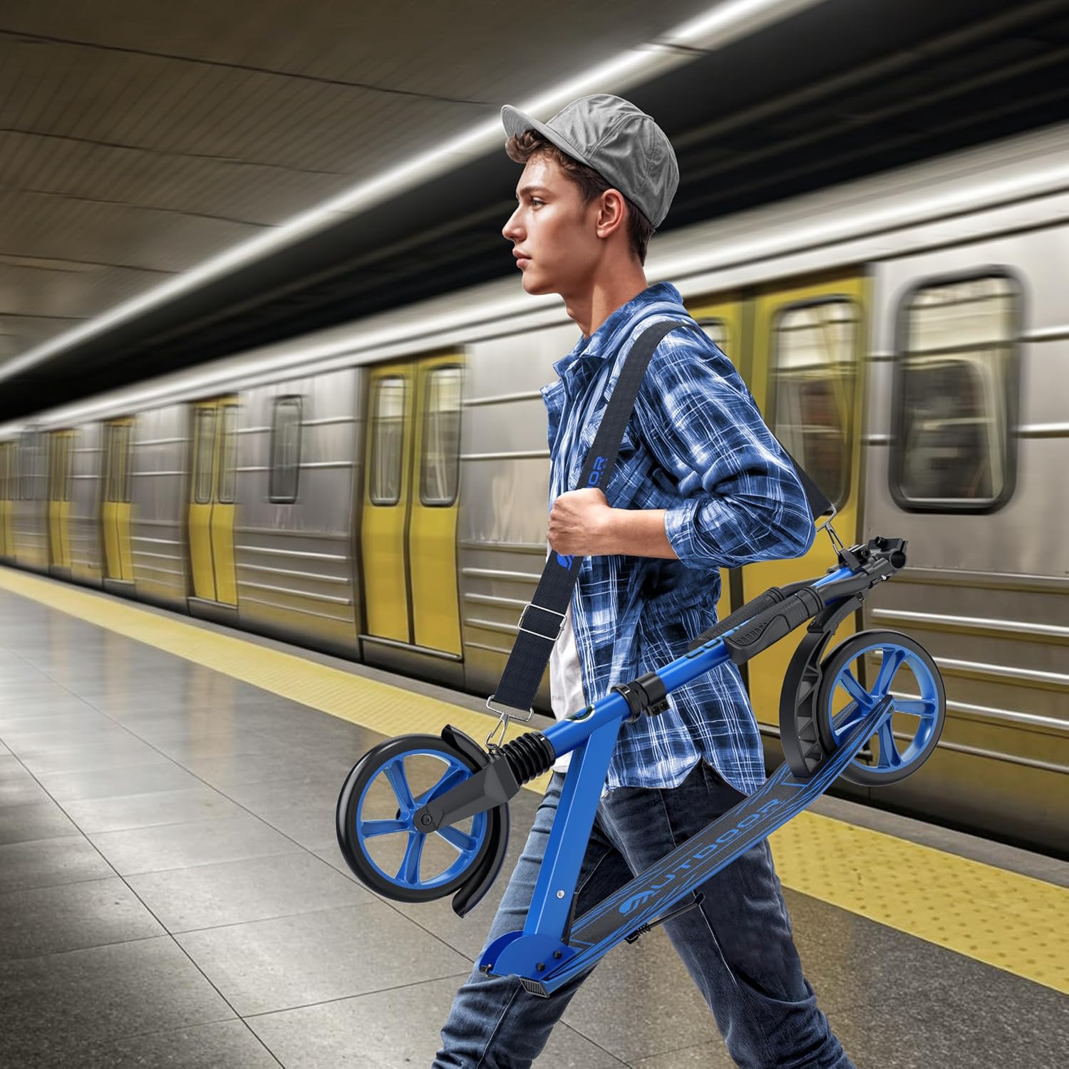 OutdoorCruiser Kick Scooter for Ages 6+, Kids, Teens & Adults, Foldable, Dual Suspension, 3-Level Adjustable Handlebar, Child Safety Approved, Blue