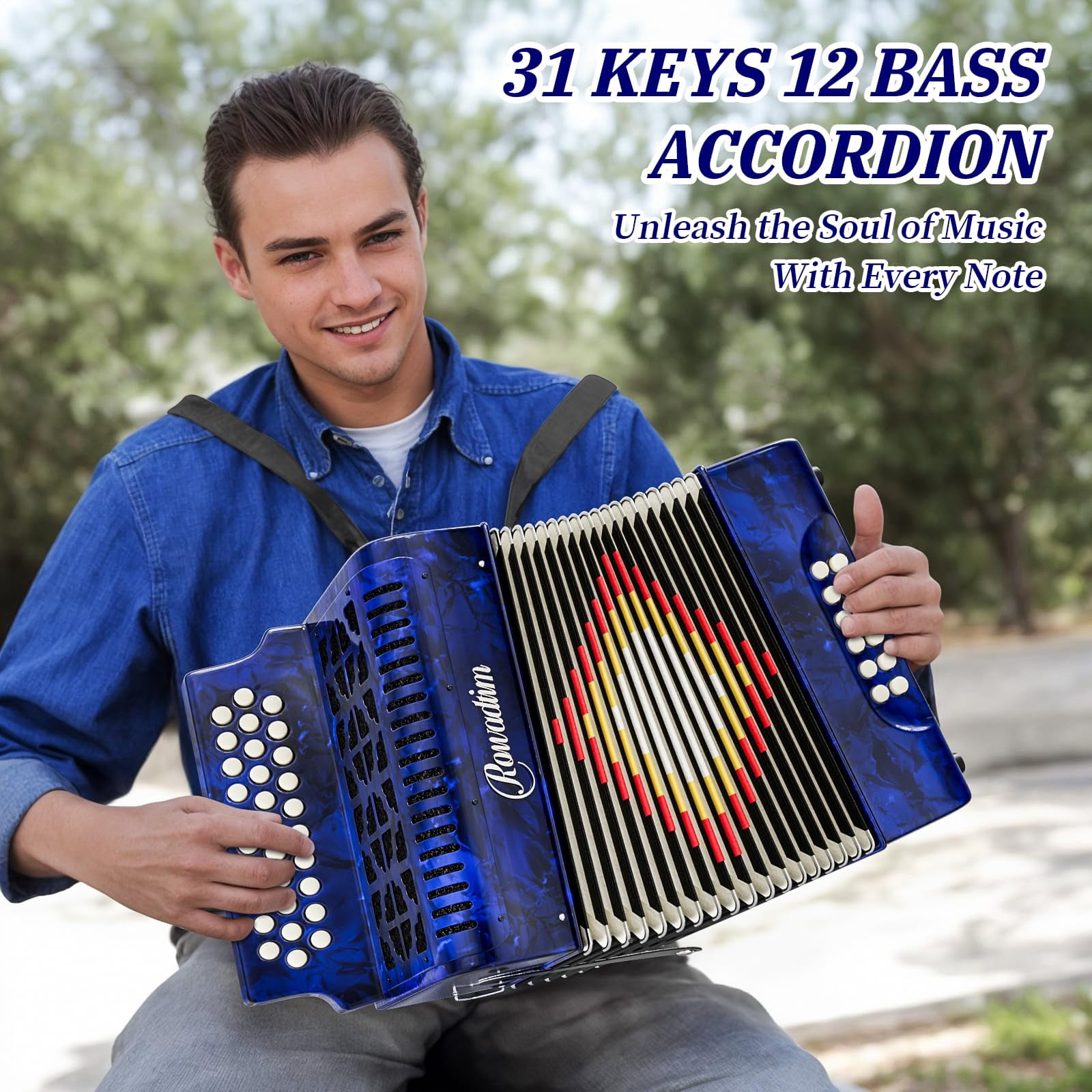 Rowadtim Accordion - 31 Keys, 12 Bass Professional Diatonic, Premium Portable Button Accordion for Adults & Beginners with Thick Protective Case (Blue)