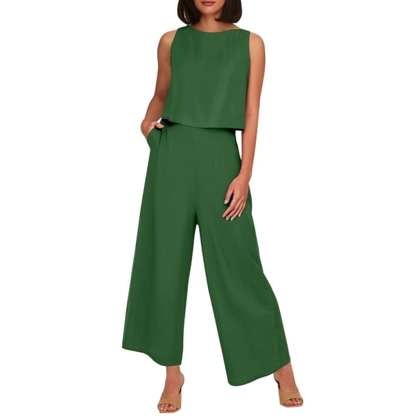 Conjunto de dos piezas de lino de color liso para mujer: top corto sin mangas con botones y pantalones de pierna ancha, tejido transpirable para el verano
