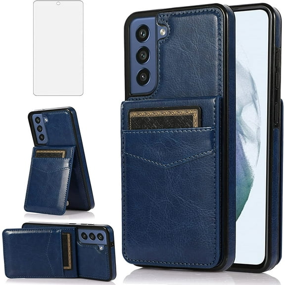 REQO Phone Case for Samsung Galaxy S21 FE Gaxaly S 21 FE 5G with Tempered Glass Screen Protector Credit Card Holder Wallet Cover Stand Leather Cell Glaxay S21FE5G UW S21FE 21S G5 Women Men Blue