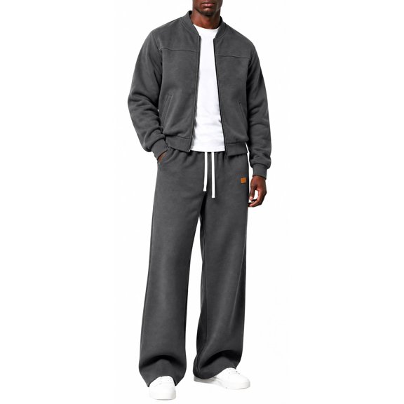 Vxararl Men's Casual Bomber Jacket Wide Leg Pants Set, 2 Piece Fleece Sweatsuit with Pockets, Solid Color Matching Tracksuit for Fall Winter Dark Gray M