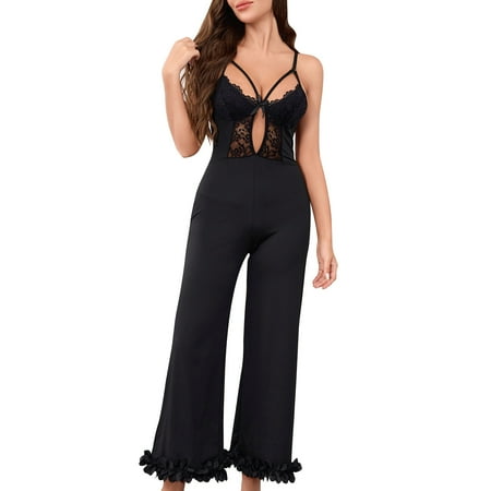 Oplxuo Womens Deep V Sexy Floral Lace Cutout Wde Leg Jumpsuit Ruffle Teddy Babydoll Lingerie Nightwear