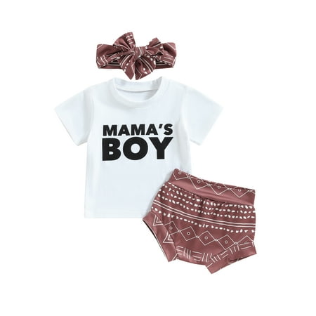 

Qtinghua Newborn Baby Boys Summer Mother s Day Outfits Short Sleeve Letter Print T-Shirt Elastic Waist Shorts with Headband 3Pcs Set White 3-6 Months