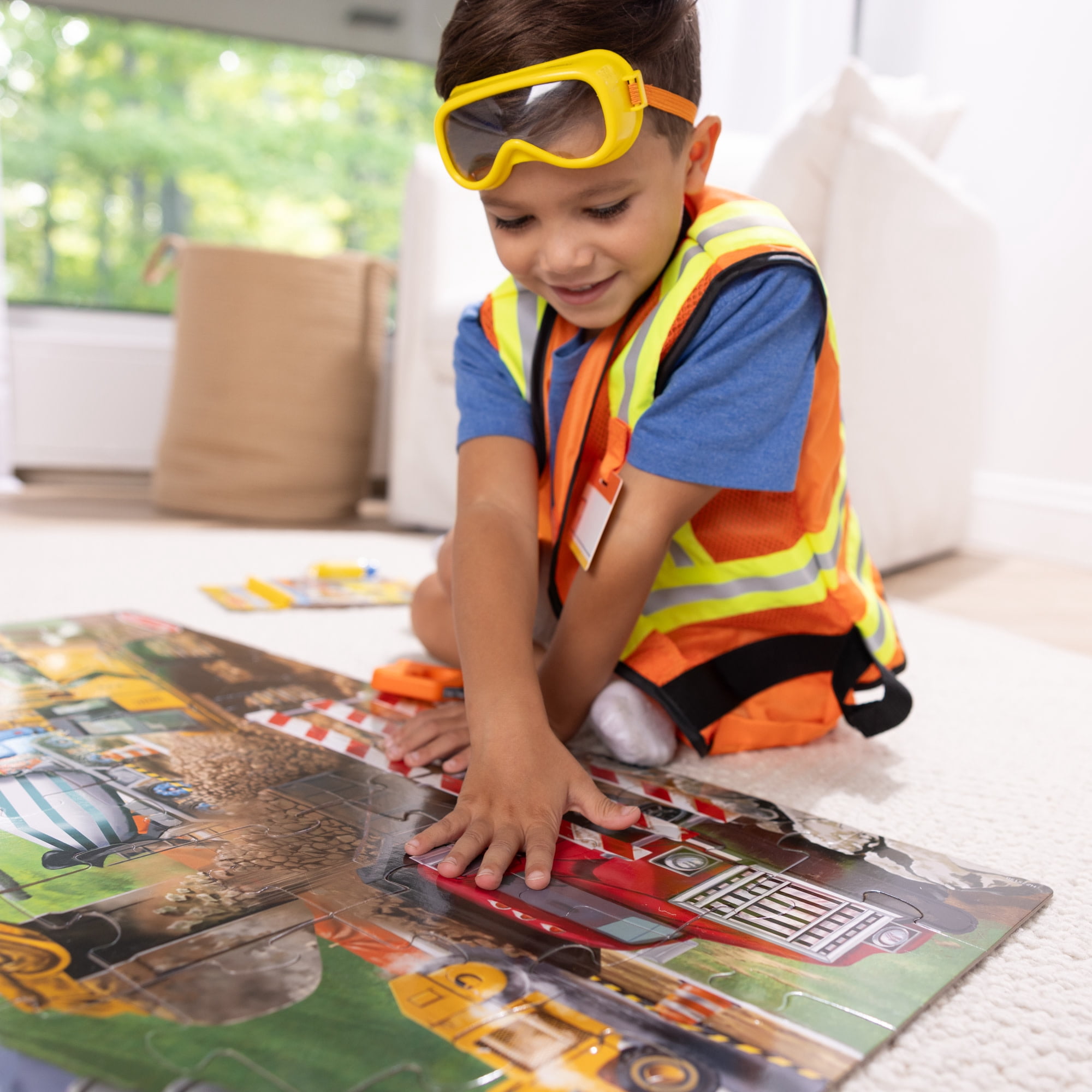 Melissa & Doug Construction 3-in-1 Deluxe Collection Themed Gift Set – Costume Role Play, Puzzle, Water WOW! - FSC Certified