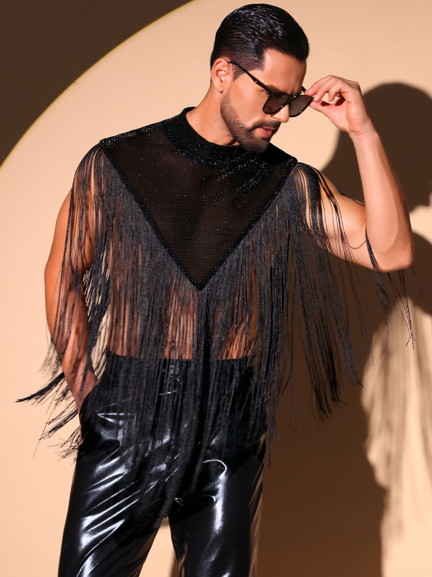 DARING DIVA Men's Mock Collar Sleeveless Patchwork Sequins Fringe Vest L Black