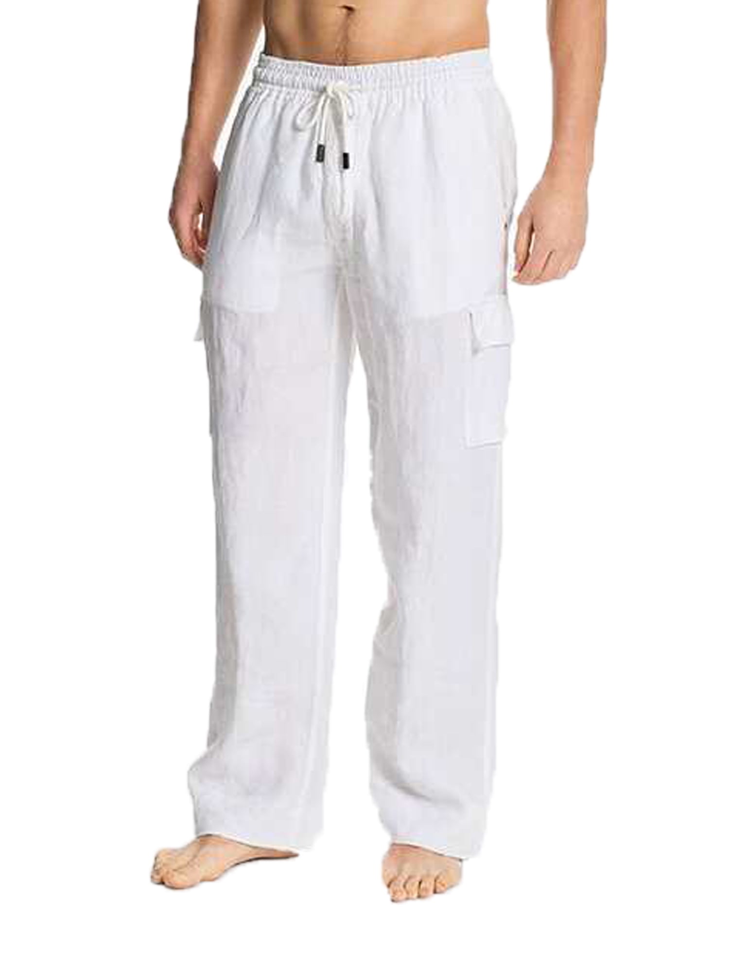 Men's Drawstring Cotton Linen Pants Solid Color Elastic Waist Relaxed