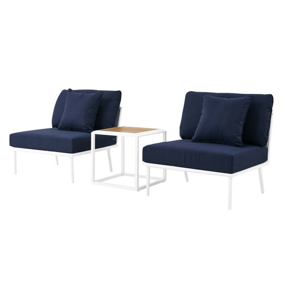 Lounge Chair Table Set, Navy White, Aluminum, Metal, Fabric, Modern Contemporary, Outdoor Patio Balcony Cafe Bistro Garden Furniture Hotel Hospitality