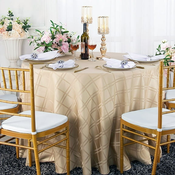 Wedding Linens Inc. 108" Plaid Checkered Pattern Design Polyester Jacquard Round Seamless Linen Tablecloth Table Covers Linens - Champagne