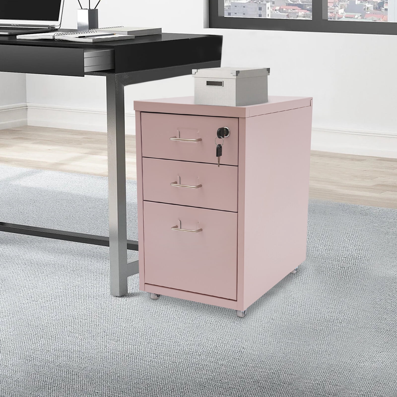 Miumaeov 3 Drawers Vertical File Cabinet Pink Locking Filing Storage Cabinet For Home Office