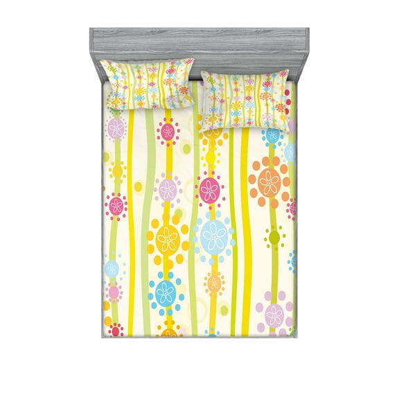 Ambesonne Floral Fitted Sheet & Pillow Sham Set, Colorful Cartoon Style, Queen, Multicolor