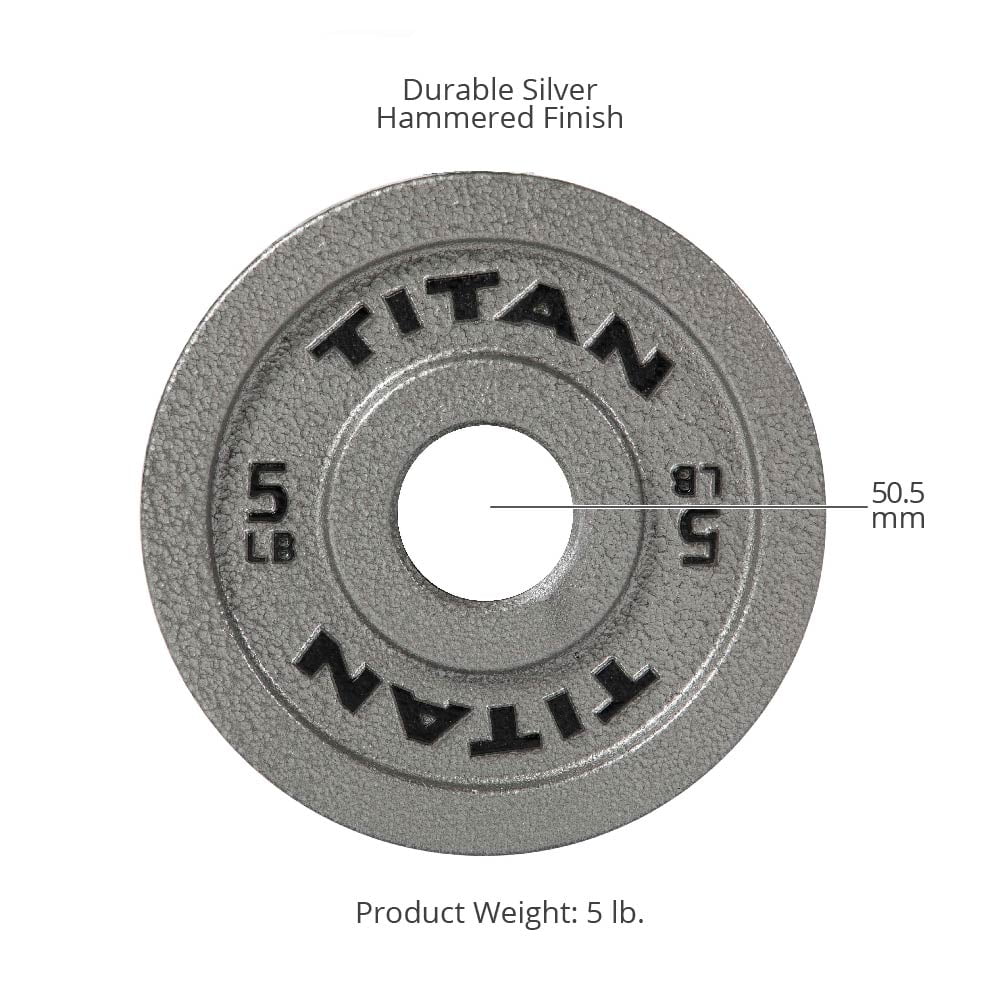 Titan Fitness 5 LB Cast Iron Olympic Plates, Sold In Pairs, Classic Weight Plate Design, Silver Hammer Finish