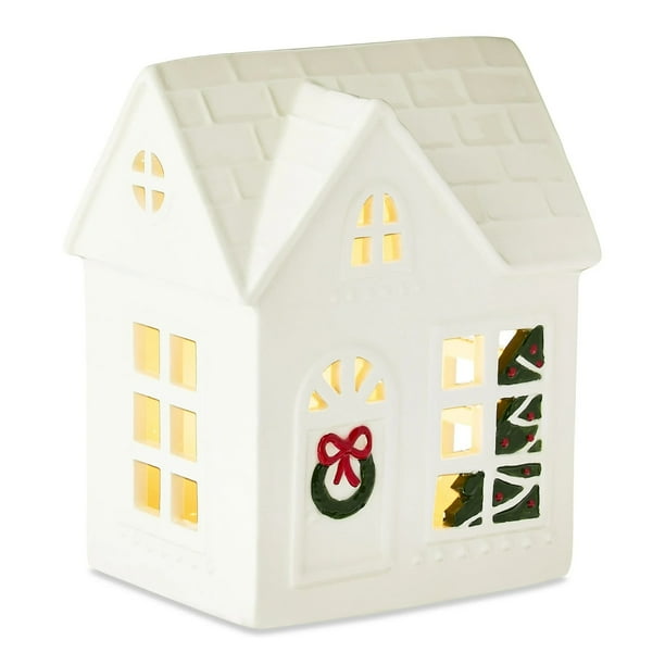 Casas de pueblo navideñas de resina CLLC, pequeñas casas navideñas blancas con luz LED cálida, juego de casas de pueblo iluminadas para bricolaje, decoración navideña de invierno para el hogar, centr