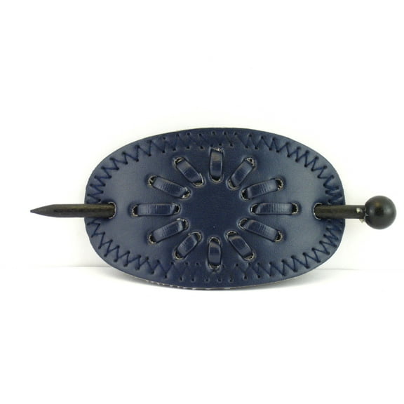 Pastel Oval Star Print Faux Leather with Wood Slide Stick Oval Hair Stick Barrette (Blue)