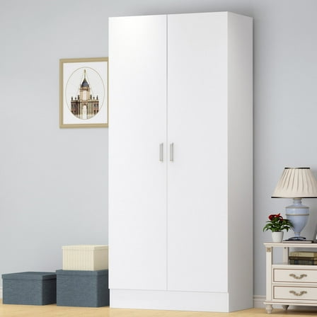 KULAGAGA 2 Doors Bedroom Armoires Wardrobe Closet Storage Organizer Compartments and Hanging Bar, White