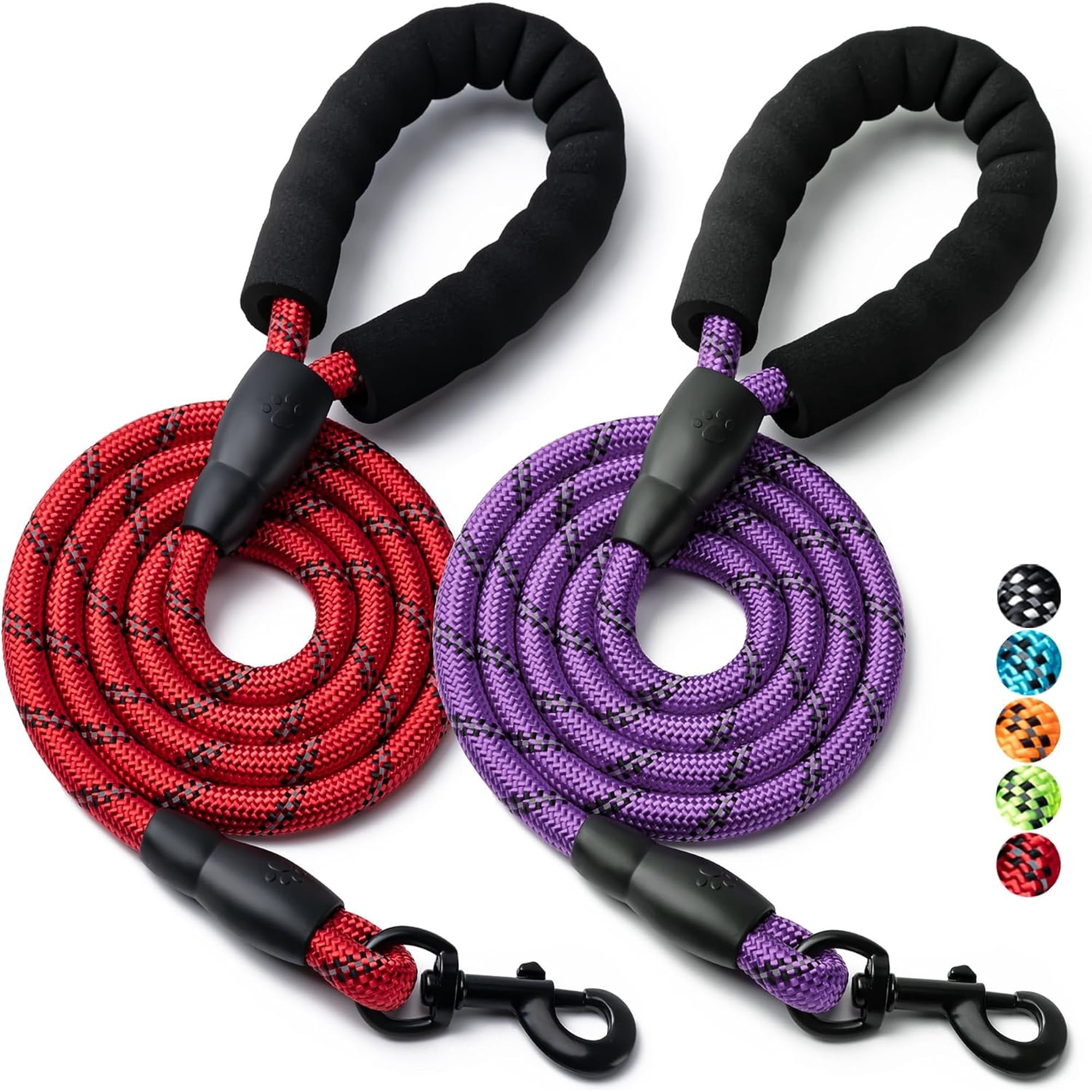 OKYWHOP High Quality 2 Pack 6FT Heavy Duty Nylon Dog Rope Leashes with Padded Handle Anti-Tangle Swivel Clip & Reflective Strips