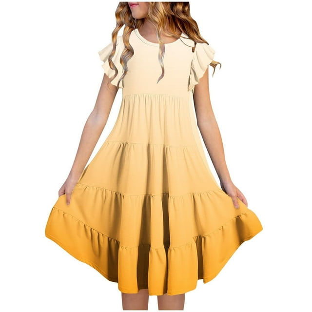 Liquidation d'Économies d'Été! WRKEKC Robes pour Petite Fille, Robe d'Été Décontractée pour Filles, Robe d'Été à Manches Courtes pour Filles avec Poches à Volants, Col Rond, Imprimée, 6 Ans