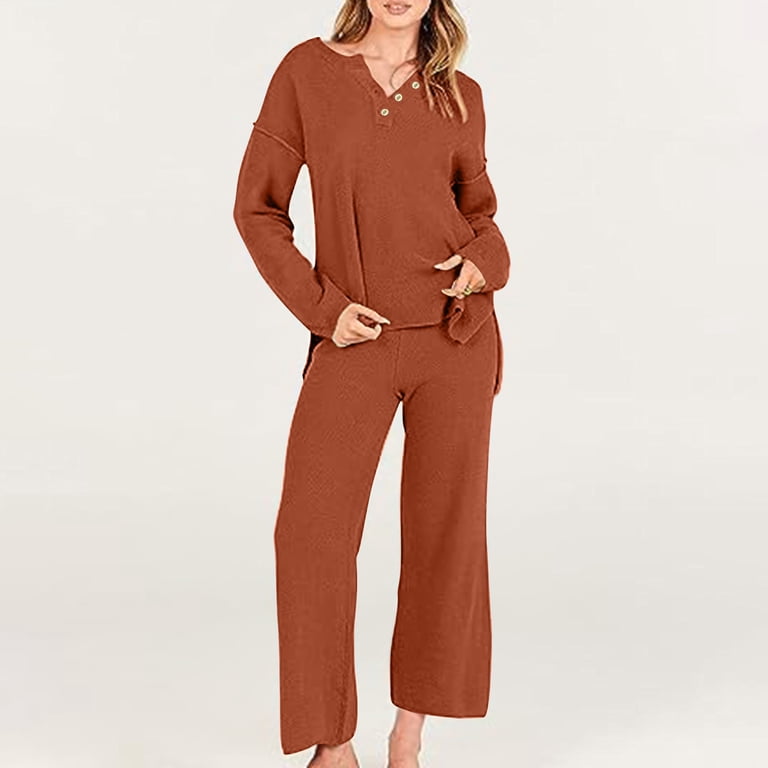 CFLVAEK Waffle Knit Lounge Sets for Women Two Piece Casual Button