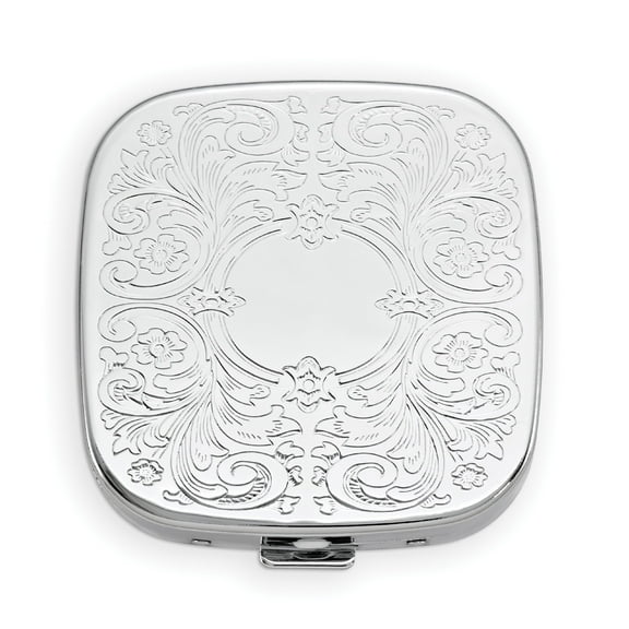 Set of 2 Square-Shaped Pocket Purse Pill Box With Mirror (Silver Etched Victorian Print - Engraveable)