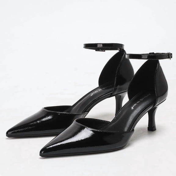 On feet& in love Women's Pointed Toe Slingback Wrinkled Patent PU Heels - Black Dress Shoes for Office & Wedding - Size 5.5
