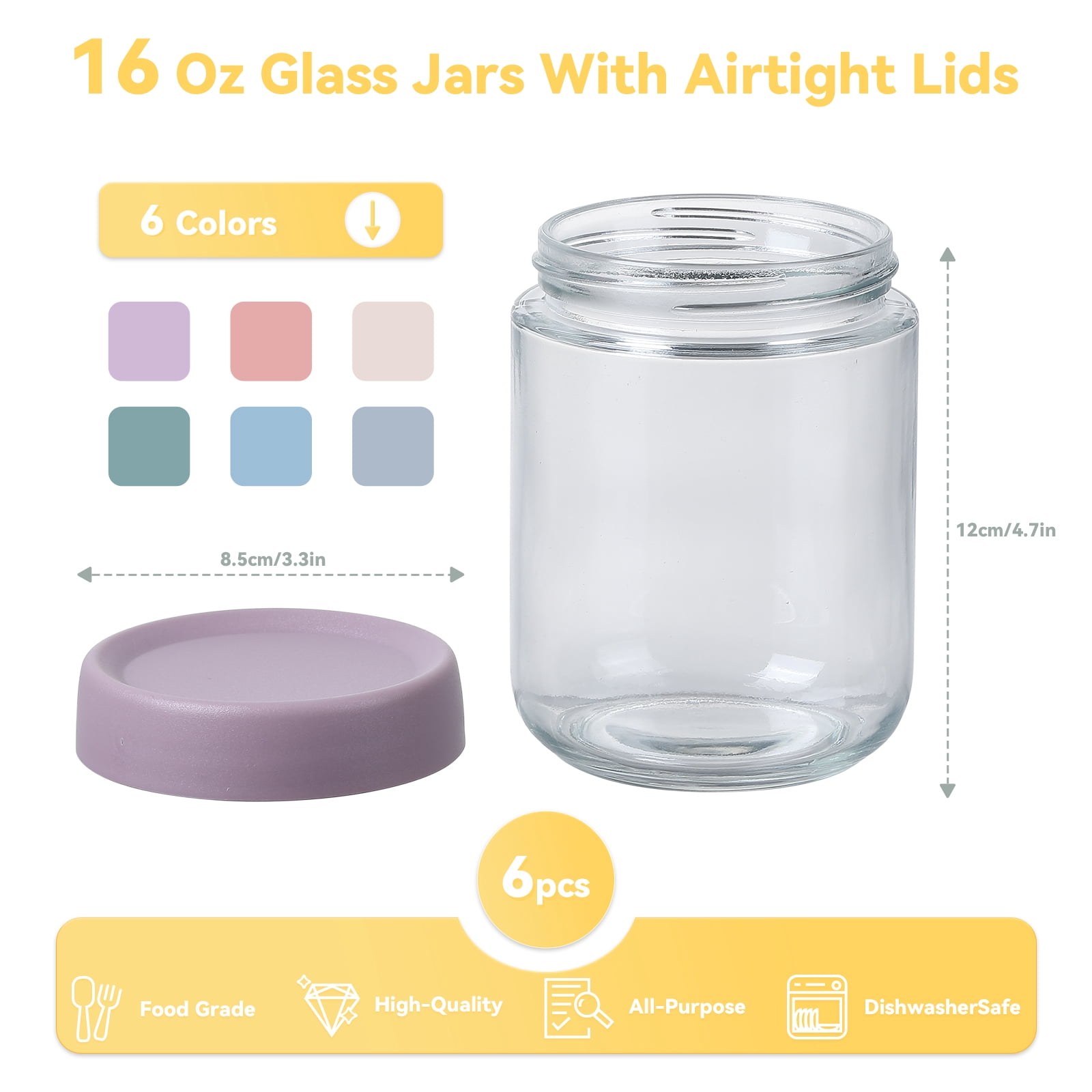 Novelinks 6 Pack 16oz Glass Jars with Colorful Plastic Lids, Airtight Clear Food Storage Containers for Pantry, Spices, Stackable & Reusable Canisters