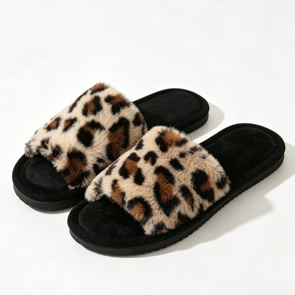 House Slippers for Women Leopard Cozy Soft Fuzzy Slippers Slides Open Toe House Shoes
